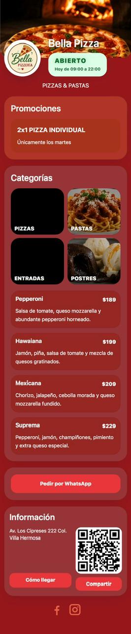 Demo menú digital Bella Pizza