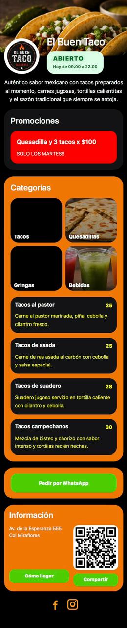 Demo menú digital El Buen Taco